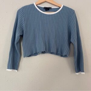 Nina Leonard Blue Ribbed Cropped Sweater Retro Vintage Casual Large